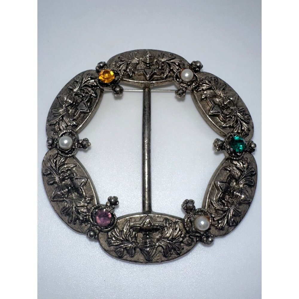 Vintage Scottish thistle silver tone rhinestones faux pearls buckle brooch pin - Picture 4 of 6